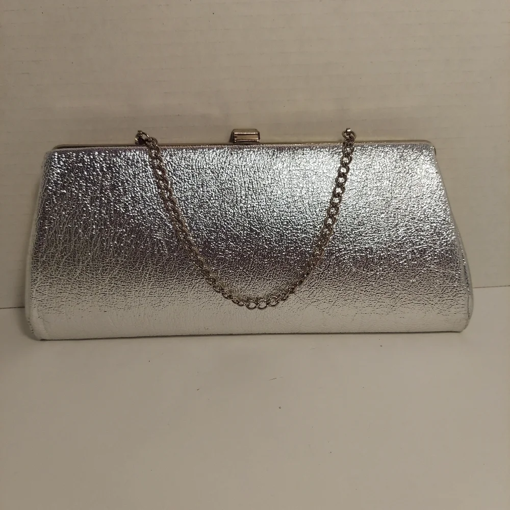 Vintage Silver Metallic + Glitter Clutch Evening Bag Purse Cocktail Prom Formal - Picture 5 of 15